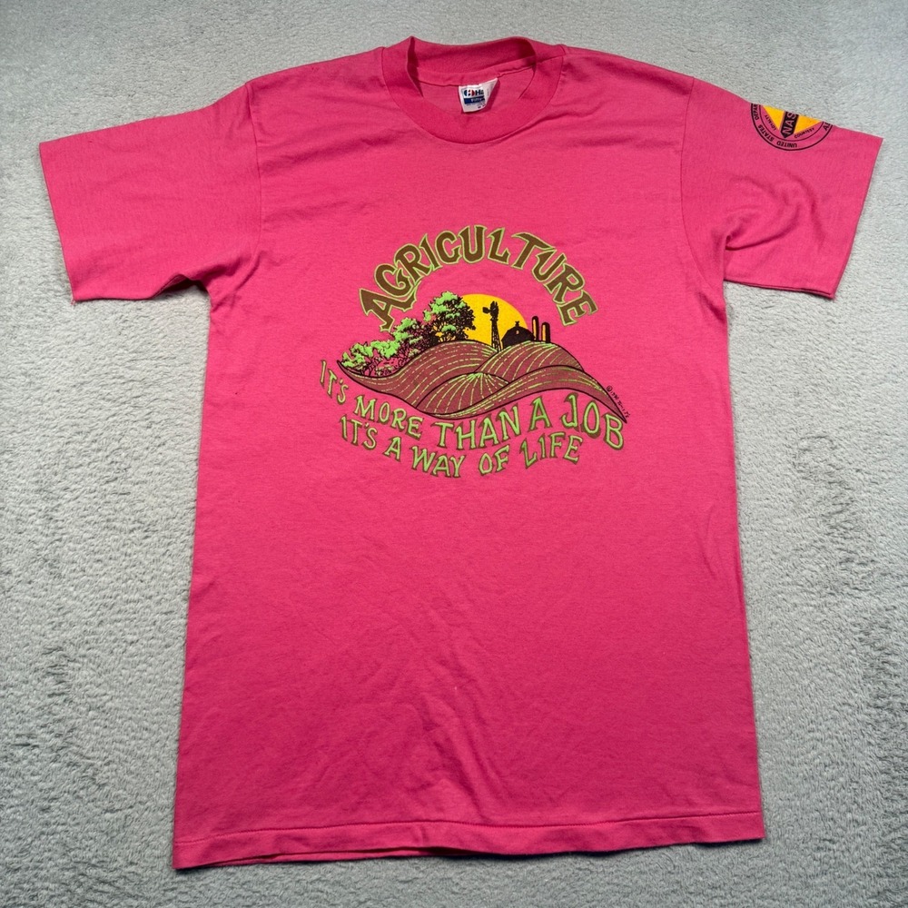 Vintage 90s Hanes Agriculture Graphic Tee Adult M Pink Made in USA Single Stitch